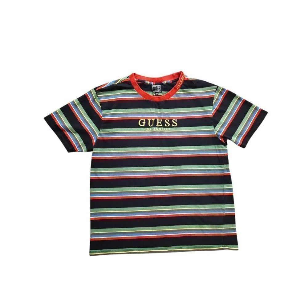 Vtg Guess T-shirt striped Y2K Men's medium multicolor embroidered accent collar